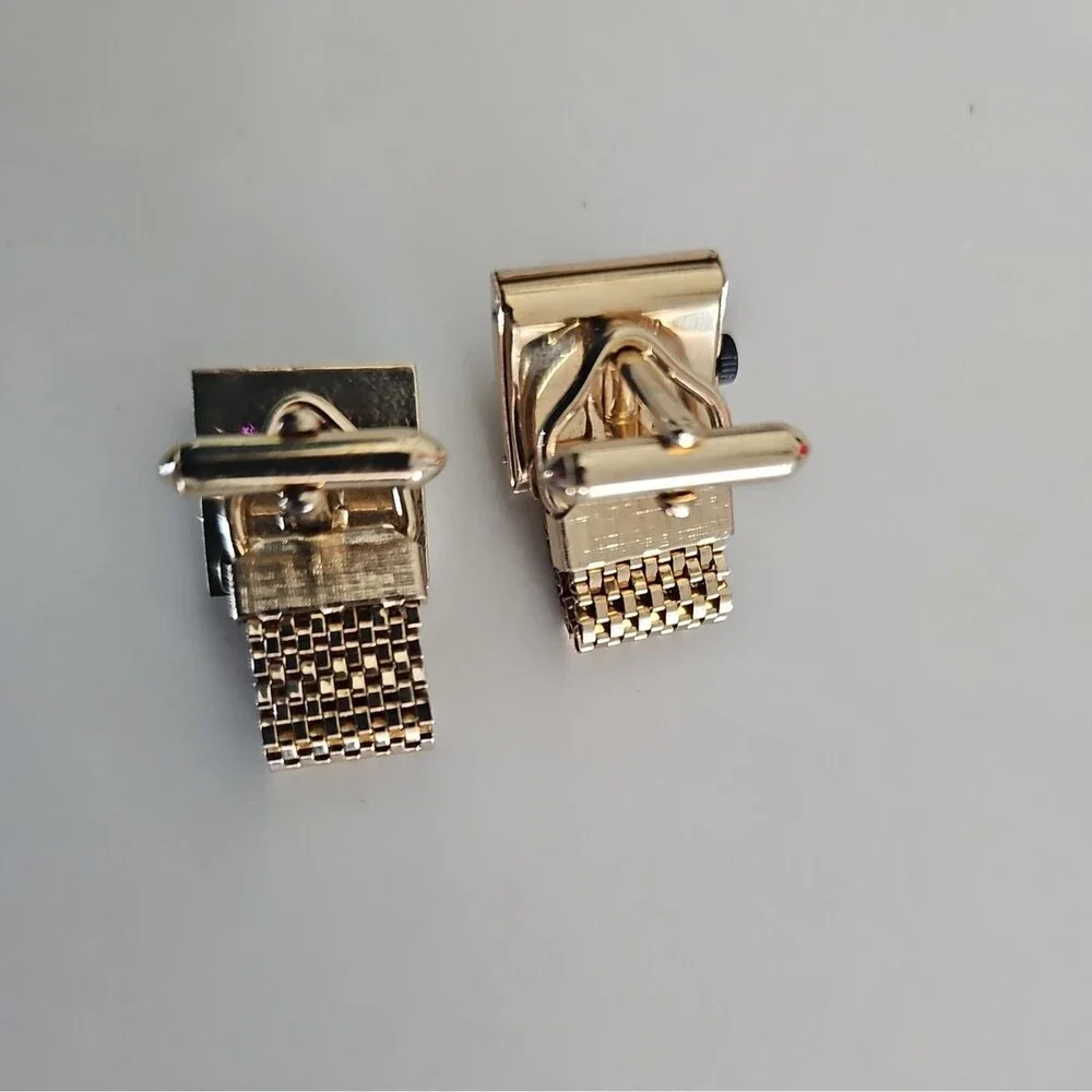 Vintage 1971 Mens Gold Tone Calendar Cufflinks Novelty Gadget Mesh Band Wrap